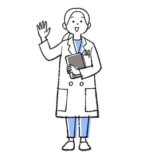 左手にファイルを持ち笑顔で手を挙げる女性医師のイラスト